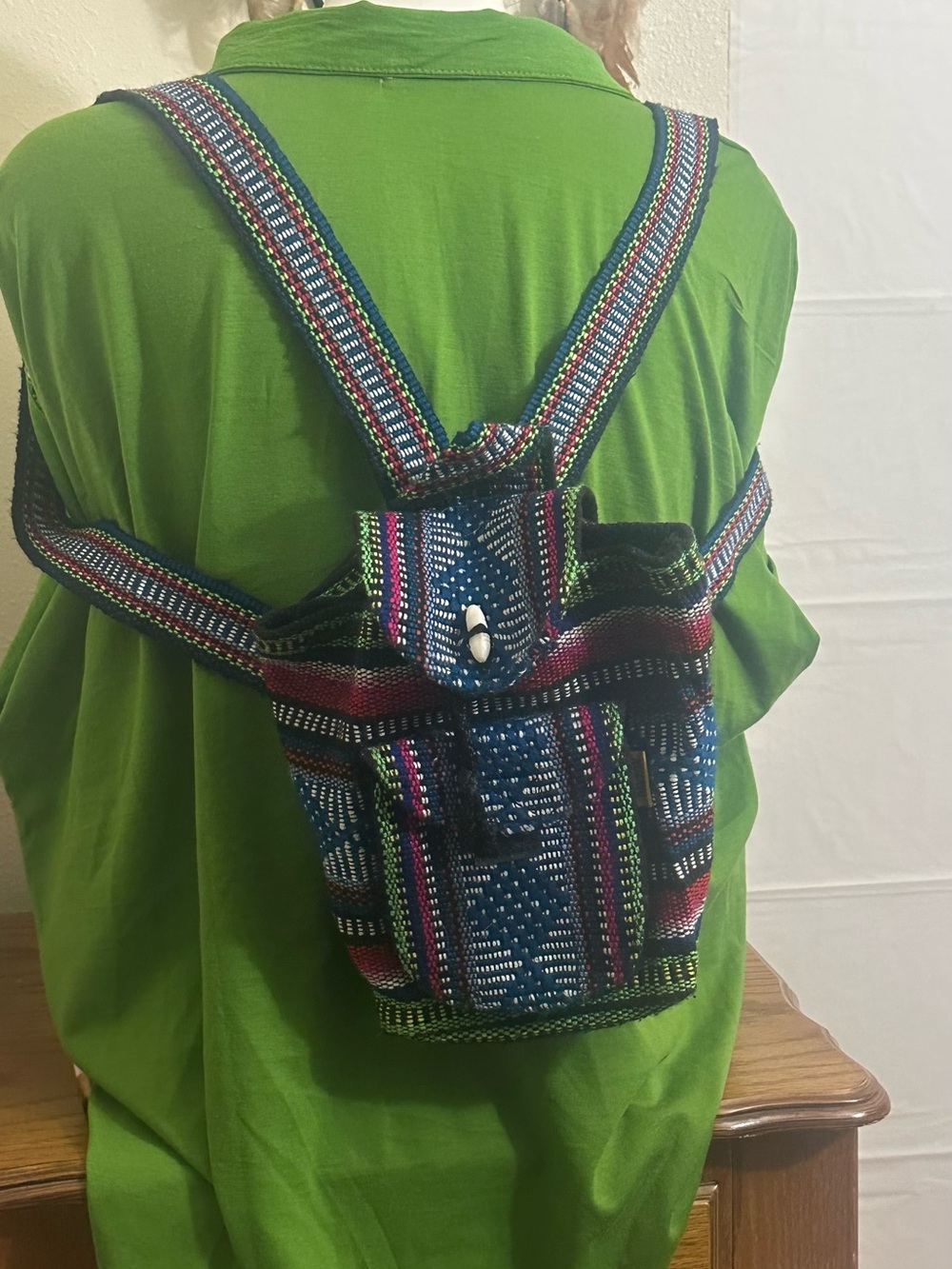 Handwoven Multicolor Cotton Mini Backpack - Blue & Black Accent